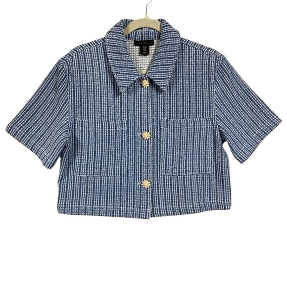 House of Harlow Cropped Nubbly Short Sleeve Jacket Accent Pearl Button Sz M Blue - Picture 1 of 7